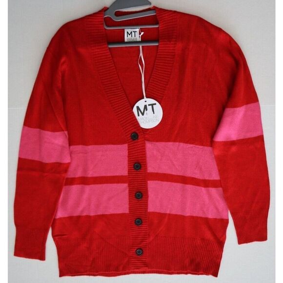 Madeleine Thompson Women's Sz M Red & Pink Striped Del Ray Cardigan Sweater - Picture 6 of 7